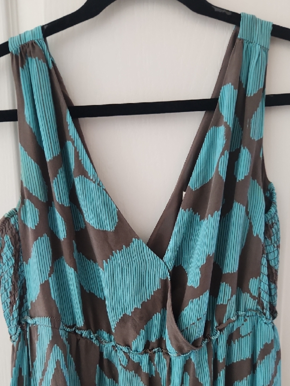Banana Republic Teal and Brown Silk Printed V-Neck Maxi Dress, Size 10 - Picture 4 of 10